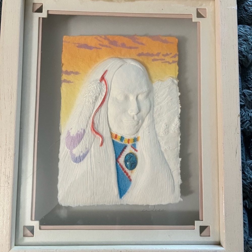 VTG  3D hand-cast paper sculpture of a Native American figure. Signed "Wess".